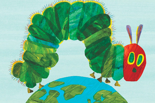 Illustrated The Very Hungry Caterpillar walking over the earth for children's book series brand design assets.