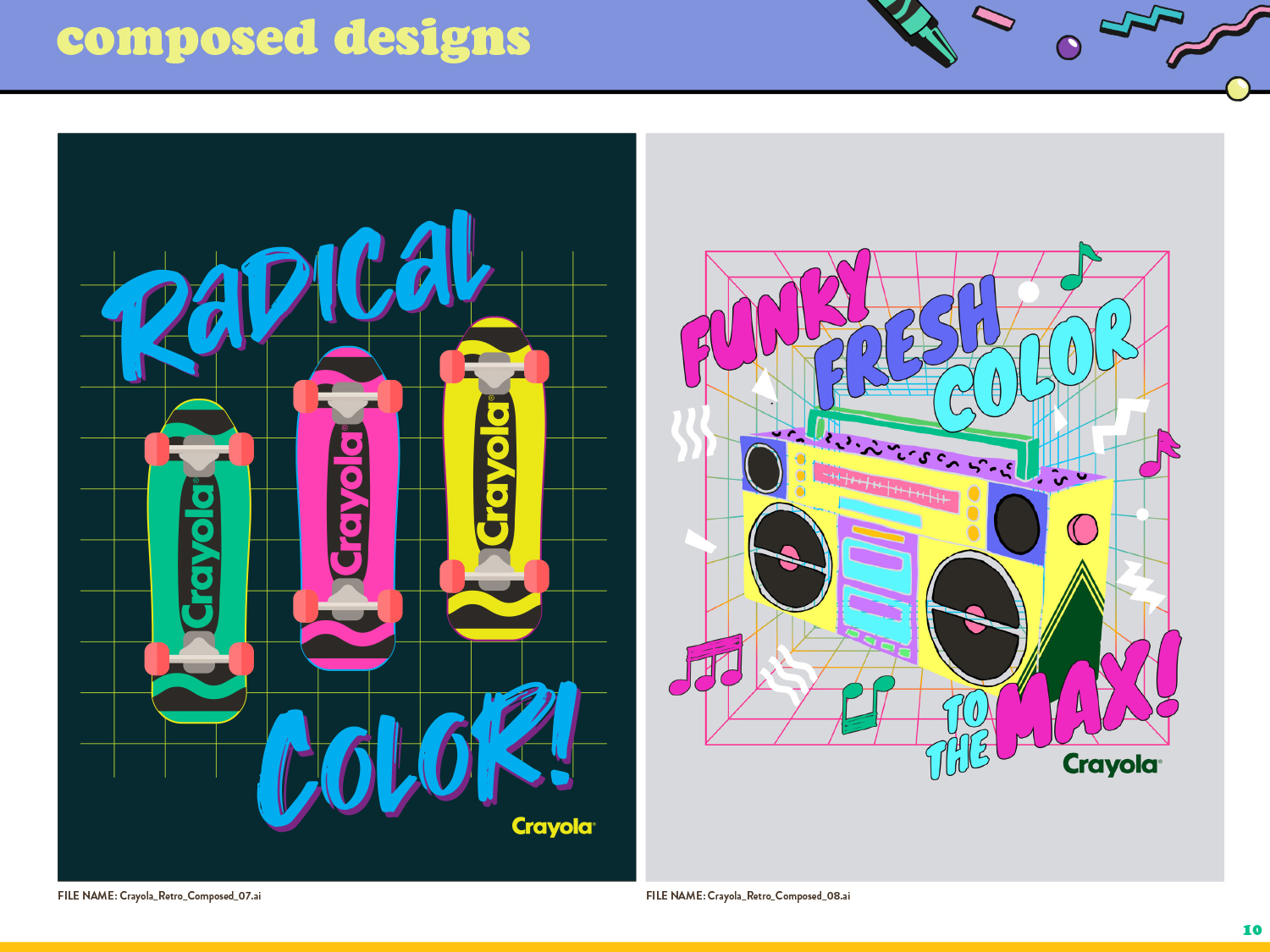 Crayola Retro Creative Assets Skateboard and Boombox Designs