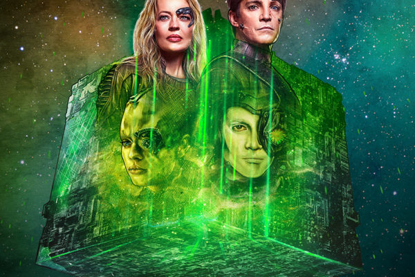 Portfolio: Character from Star Trek: Picard with a Borg cube for entertainment brand licensing style guide.