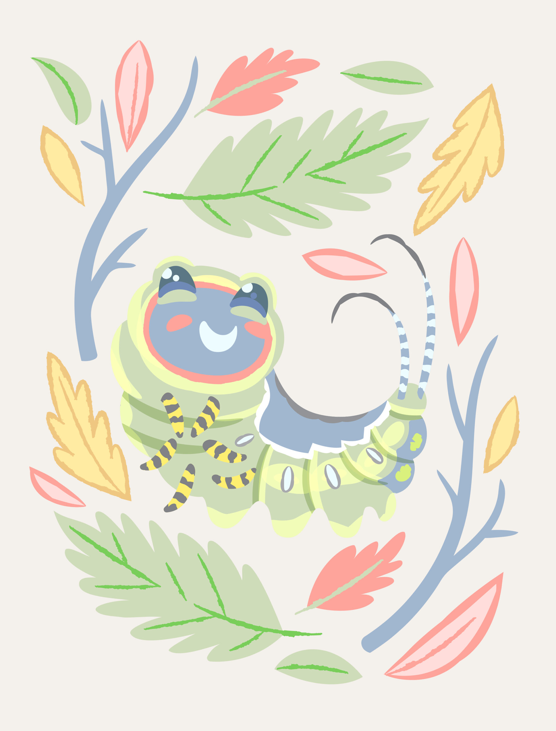Caterpillar character art and foliage elements in design using pastel color palette.