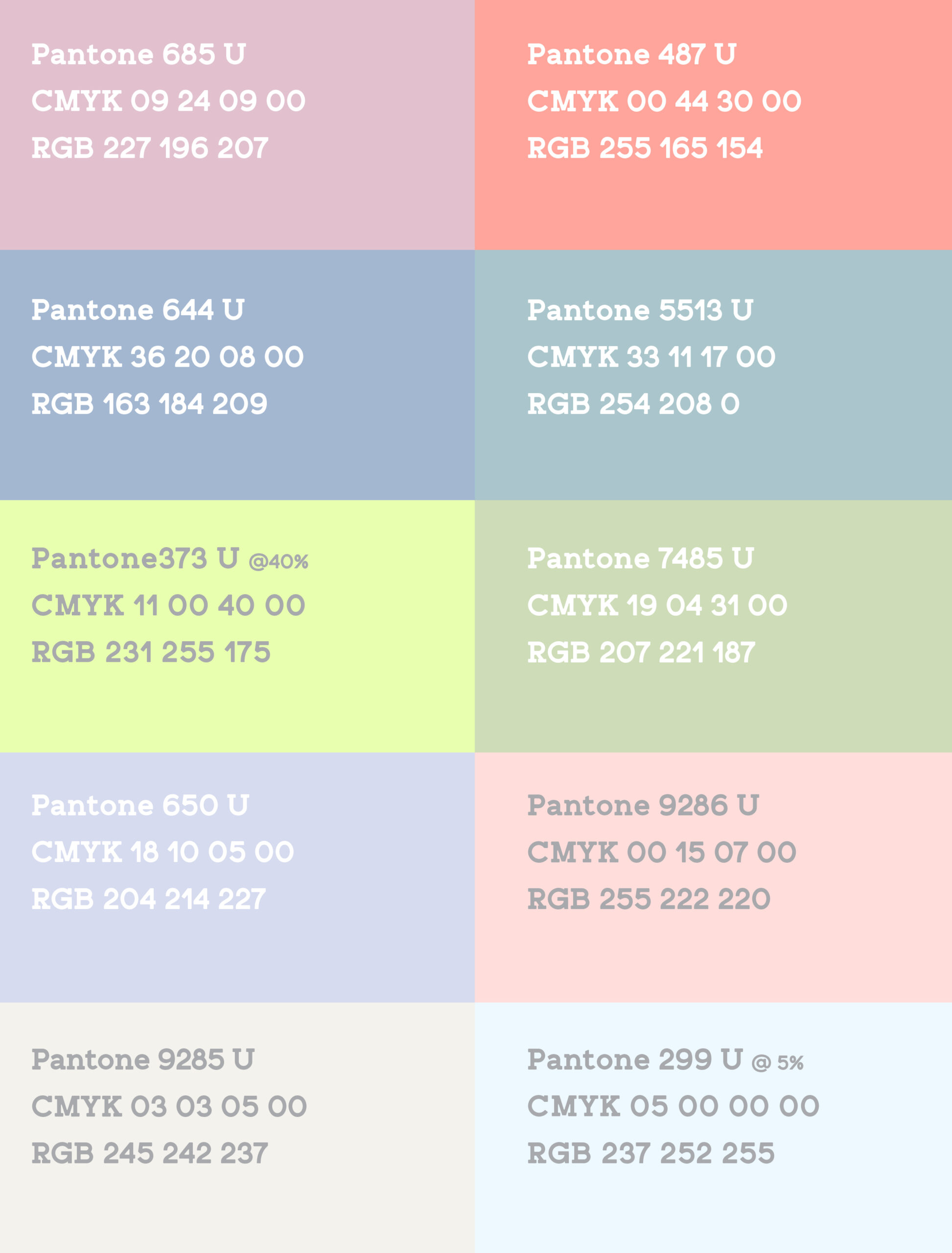 Each of the pastel color palette's Pantone colors.