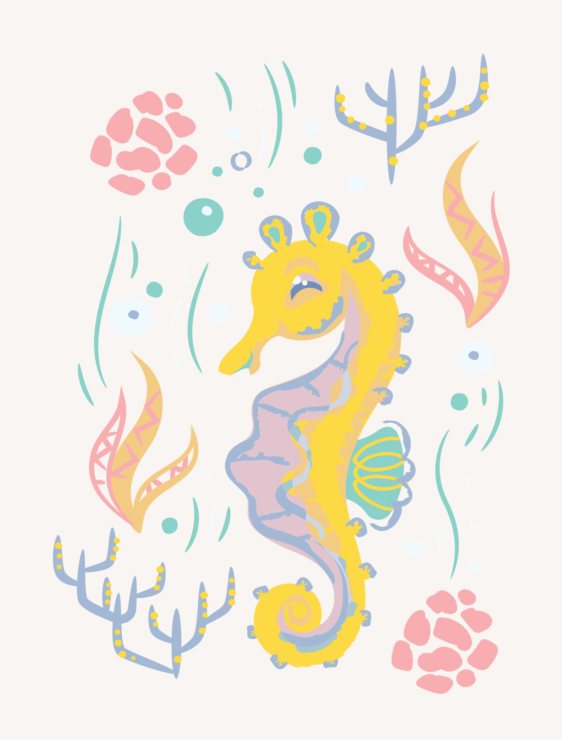 Seahorse character art and habitat graphics using pastel color palette.