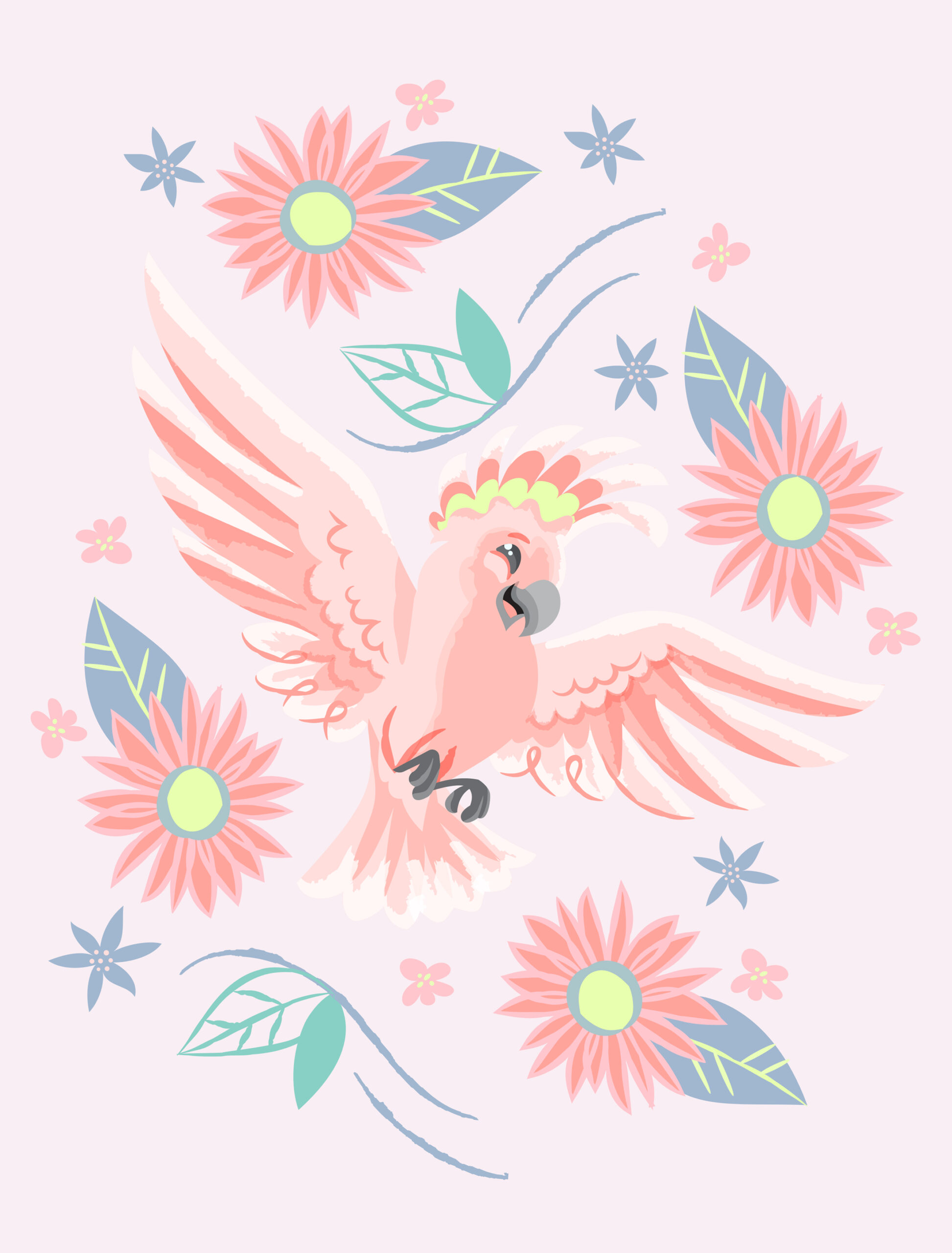 Pink cockatoo character art, spreading her wings amid pastel-colored flowers.