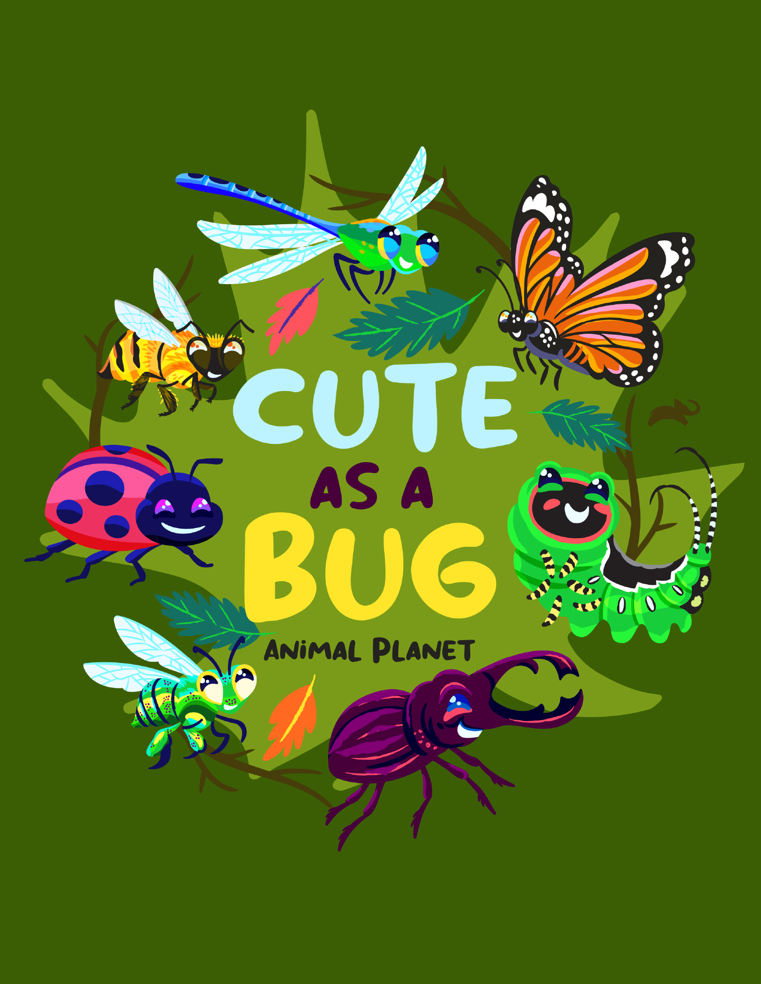 Character art in design with various bugs surrounding the words "Cute as a Bug."