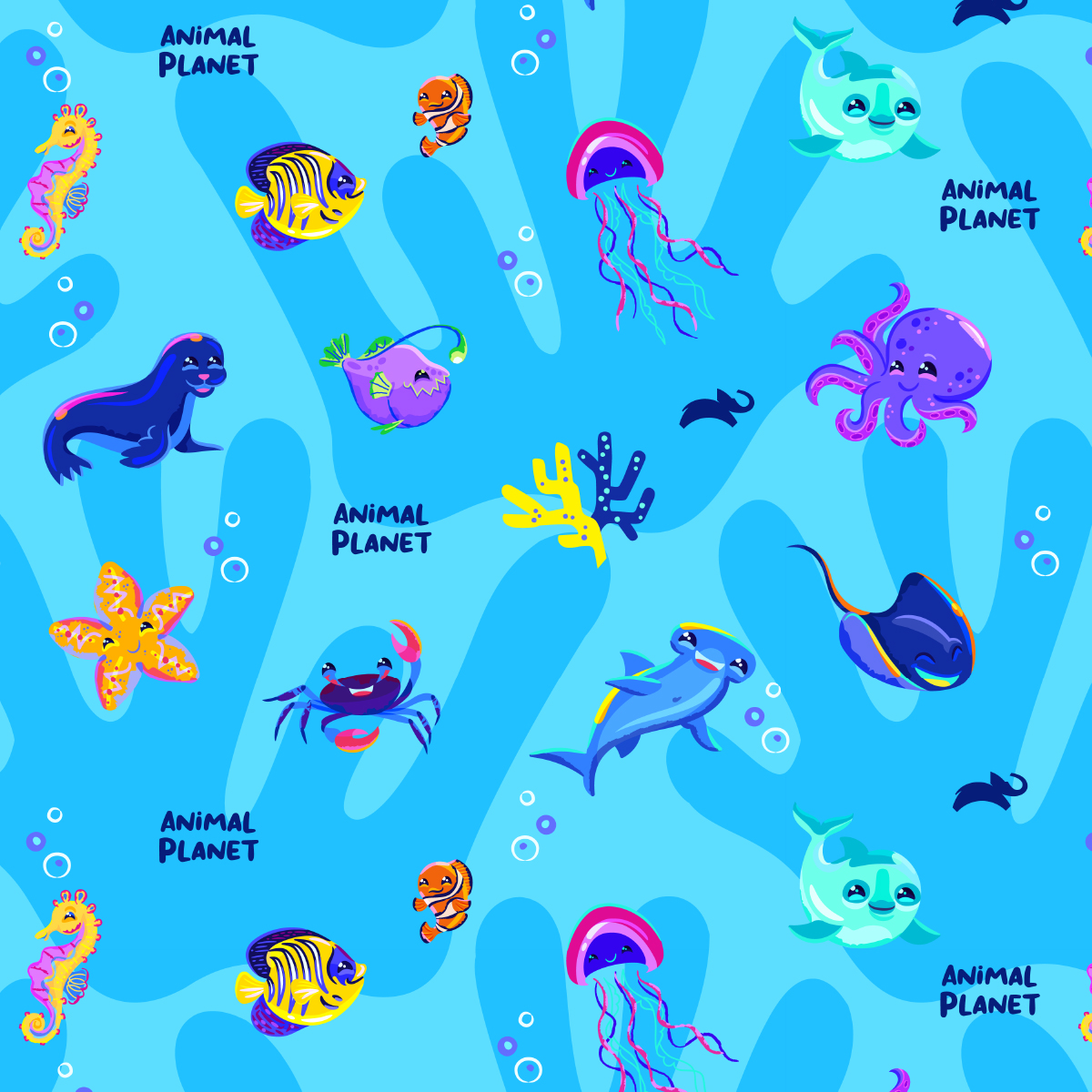 Another pattern from Under the Sea featuring character art of marine animals over light blue background.