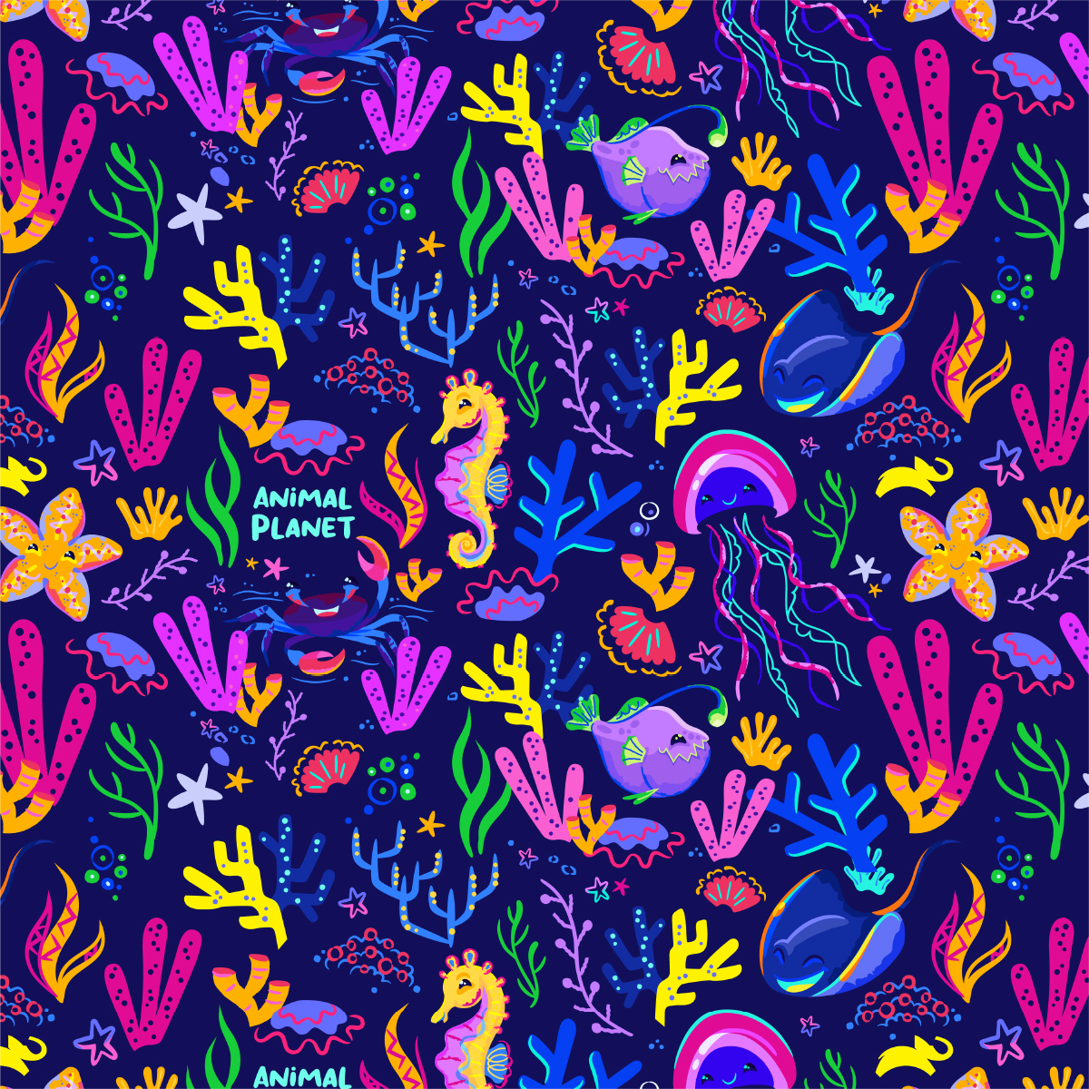 Pattern from Under the Sea collection featuring character art of aquatic wildlife and habitat elements.