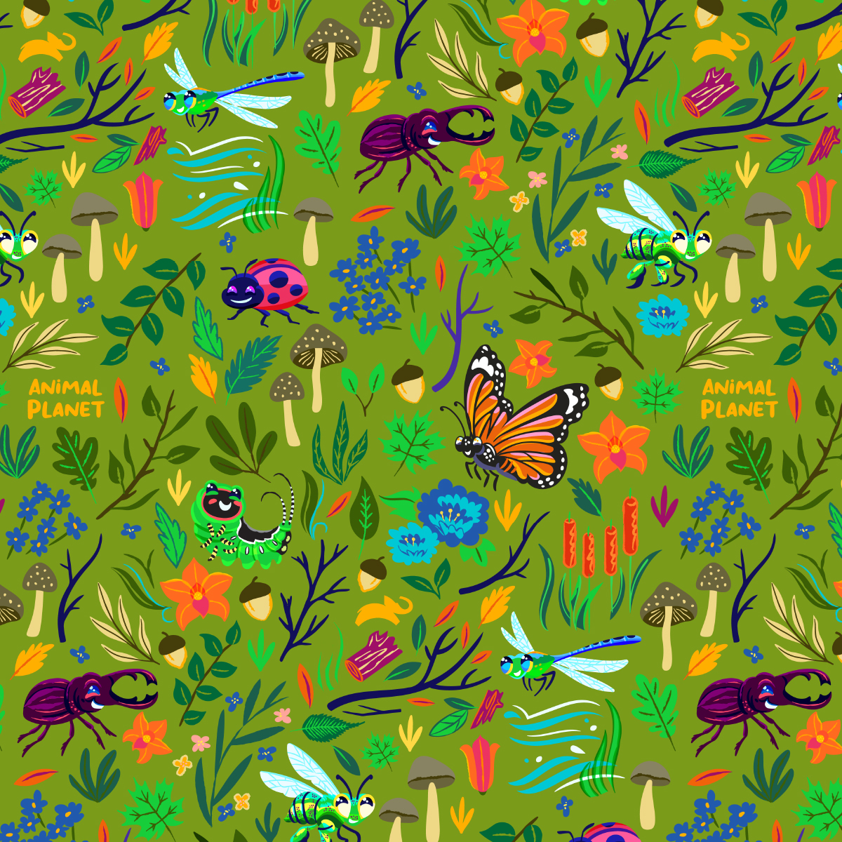 Another pattern featuring character art of the bugs and habitat elements over lush green.
