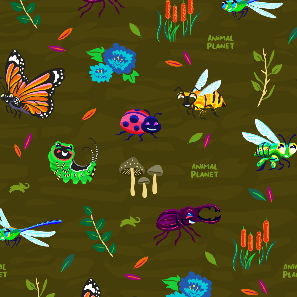 Repeat pattern featuring character art of the illustrated bugs and graphic elements depicting their habitat.