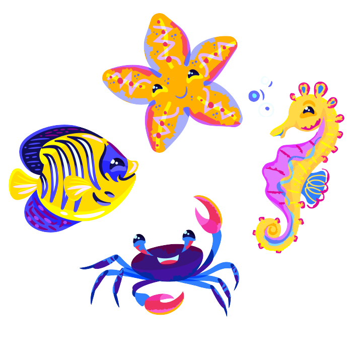 Four character art assets, including angelfish, starfish, seahorse, and crab.