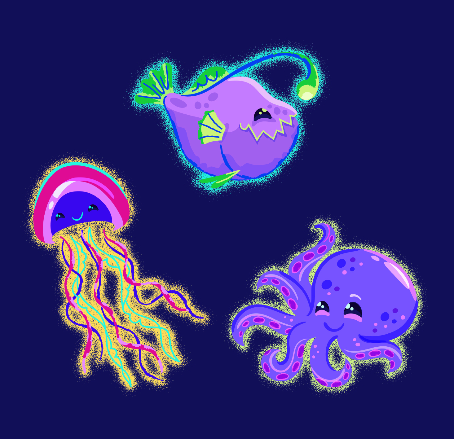 Illustrated character art that includes an anglerfish, a jellyfish, and octopus.